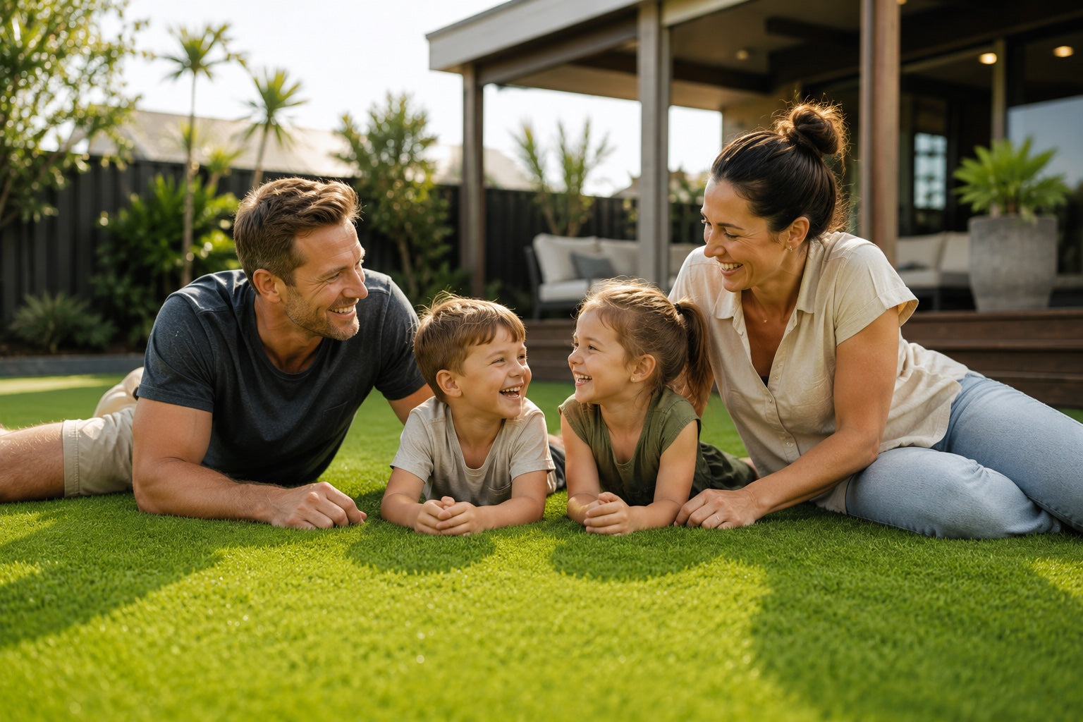 Family of four lying on green artificial turf in a backyard, laughing together in front of a covered outdoor living area